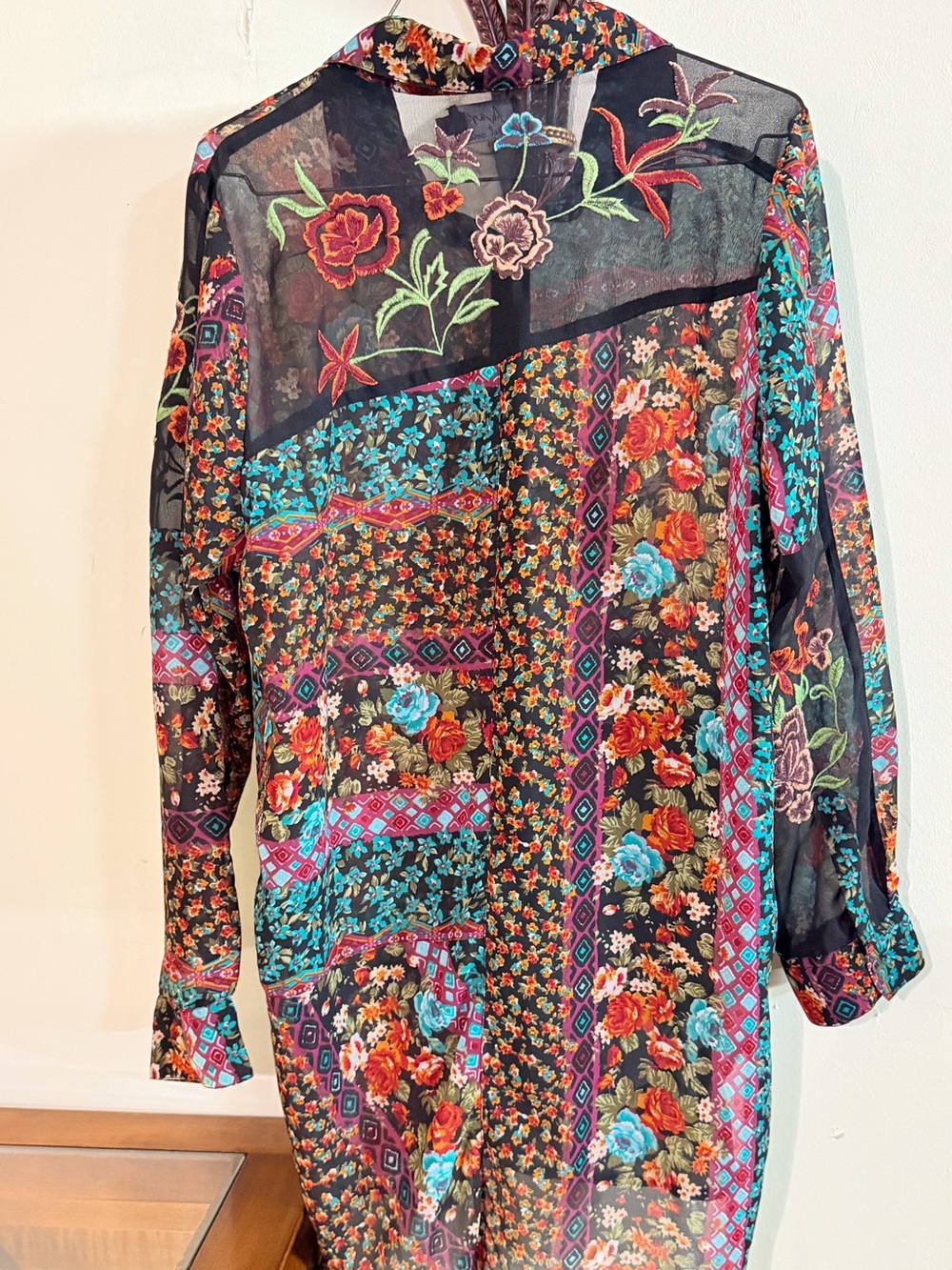 Avani Del Amour Embroidered Sheer Patchwork Floral Tunic Blouse Boho Artsy - Picture 3 of 13